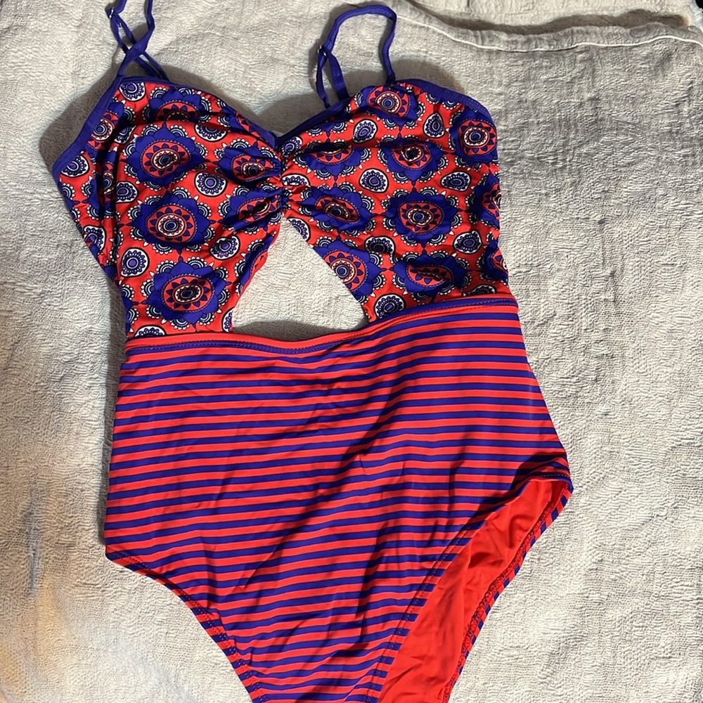 BARI Swimsuit- One Piece Front Cutout- Bluish Purple & Red
